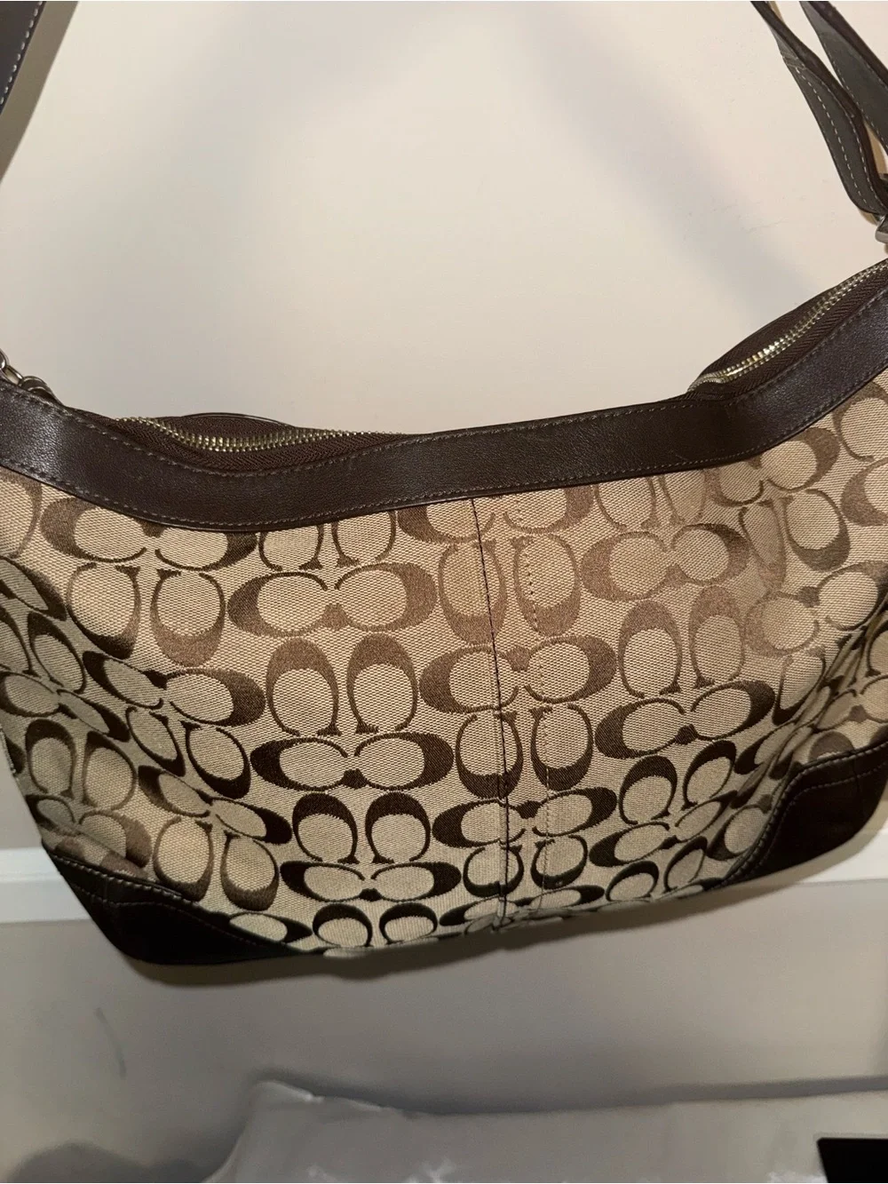 Coach Brown Signature Canvas Shoulder Bag with Dark Brown Leather Trim